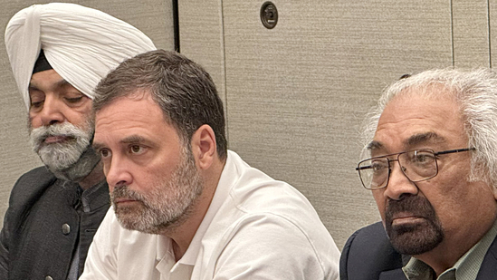 Rahul Gandhi, Leader of Opposition in Lok Sabha, during a meeting with Congress Overseas Chief Sam Pitroda in Boston, discussing electoral issues.