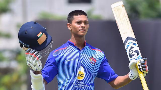Yashasvi Jaiswal after scoring a century for Mumbai